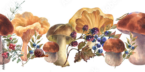 Watercolor illustration, hand drawn seamless border on a white background. Forest mushrooms, boletus, chanterelles and blueberries, lingonberries, twigs, blackberry, leaves.