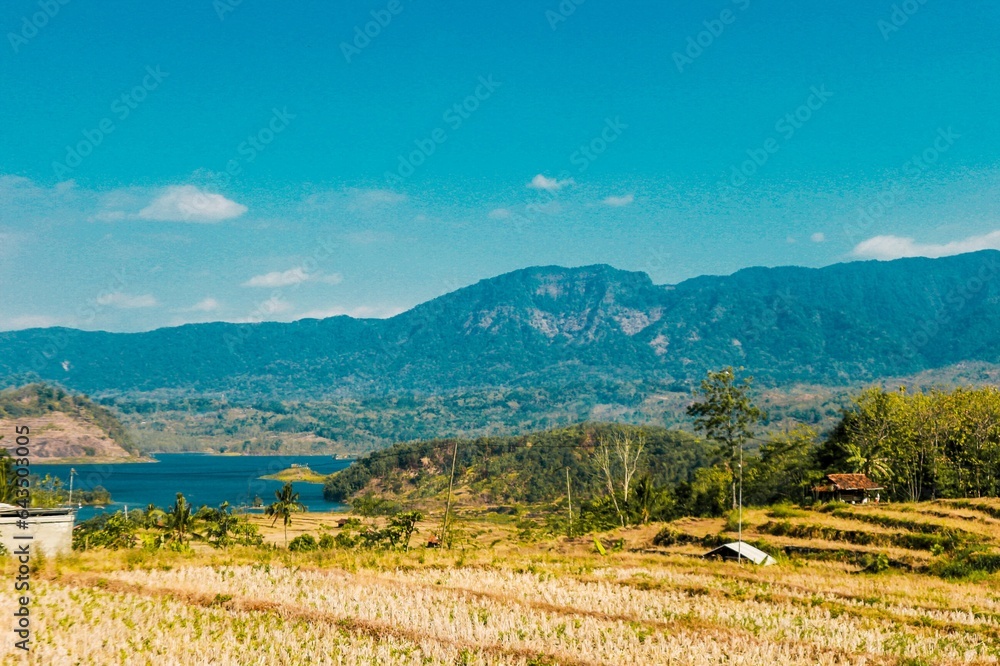 Natural views at Darma Reservoir and Kuningan Reservoir with very beautiful hills and trees in Kuningan, West Java, Indonesia