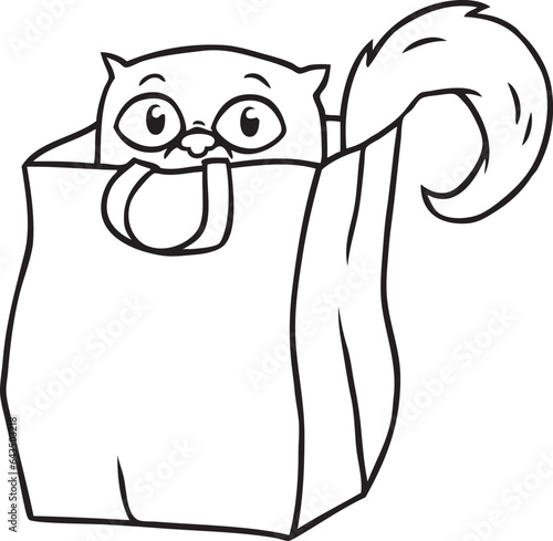 Cartoon: niedliche Katze versteckt sich schüchtern in einer Tüte aus Papier als Versteck und Tarnung