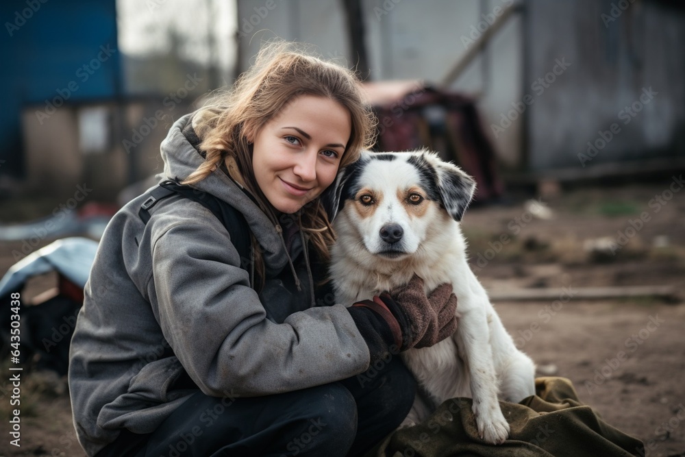 Generative AI : Female volunteer with homeless dog at animal shelter outdoors Generative AI : Female volunteer with homeless dog at animal shelter outdoors