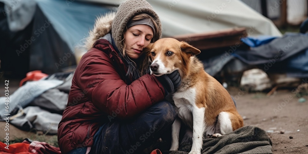 Generative AI : Female volunteer with homeless dog at animal shelter outdoors Generative AI : Female volunteer with homeless dog at animal shelter outdoors