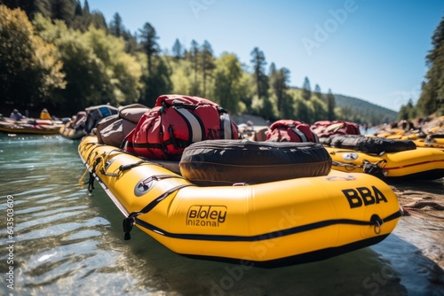Rafts Line Up Along A Riverbank During Rafting Session, Generative AI