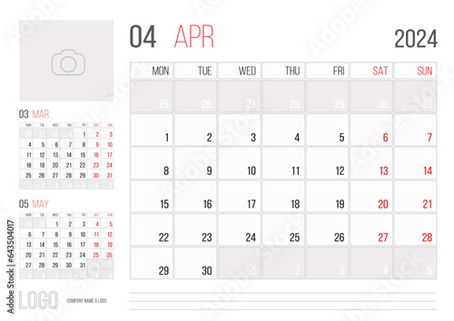 Calendar 2024 planner corporate template design April month © Deno