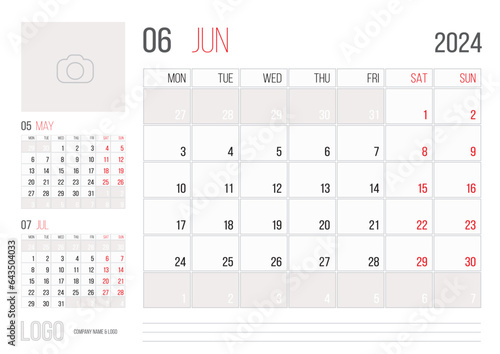 Calendar 2024 planner corporate template design - June month © Deno