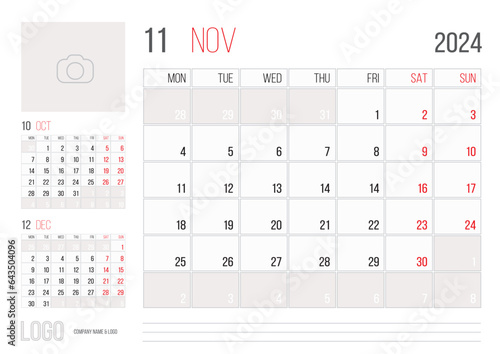 Calendar 2024 planner corporate template design - November month