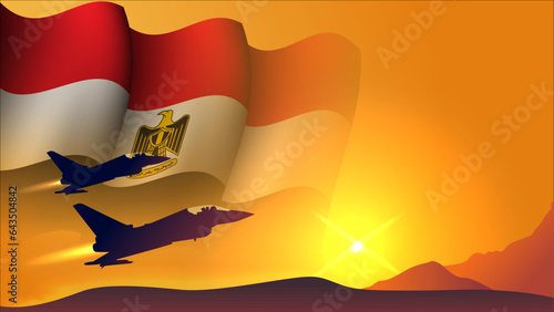 fighter jet plane with egypt waving flag background design with sunset view suitable for national egypt air forces day event