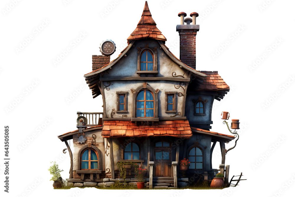 Victorian style house with turret and porch in a lush garden setting ...