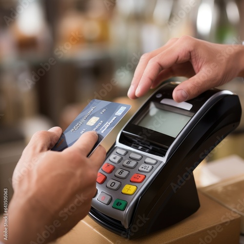 Payment by credit or debit card at the payment terminal. Generative AI.