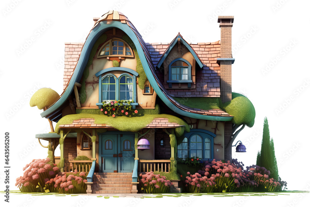Victorian style house with turret and porch in a lush garden setting isolated on transparent Background - high quality PNG