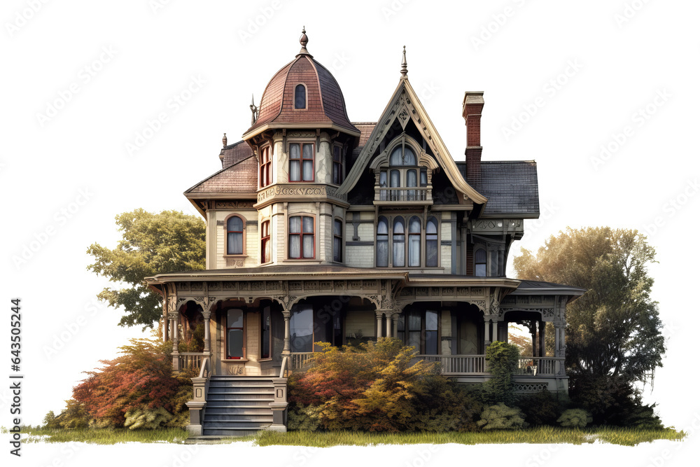 Victorian style house with turret and porch in a lush garden setting isolated on transparent Background - high quality PNG Victorian style house with turret and porch in a lush garden setting isolated on transparent Background - high quality PNG