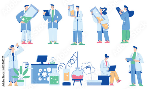 Chemistry with People Scientist Character Conducting Science Experiment in Chemical Laboratory Vector Set