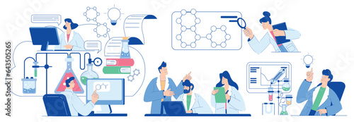 Chemistry with People Scientist Character Conducting Science Experiment in Chemical Laboratory Vector Set