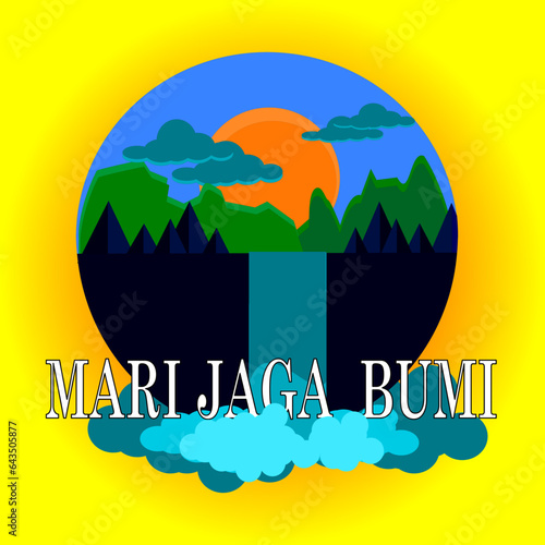 Circle Illustration with Forest and Waterfall