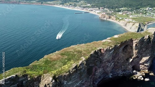 Percé Rock in Gaspesie Quebec Canada aerial footage photo