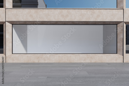 Blank contemporary outdoor showcase in concrete building. Daylit day. Mock up place for your advertisement. Shopping concept. 3D Rendering.