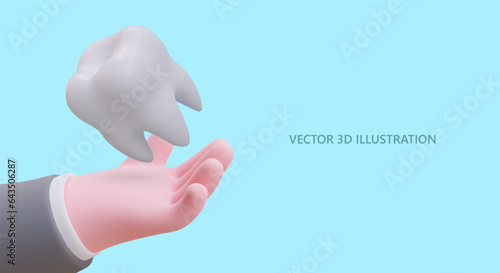 3D hand, molar. Advertisement of dental services. Replacement of teeth, installation of implants. Treatment and cleaning. Vector concept for dentist. Template for web design