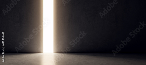 Fototapeta Naklejka Na Ścianę i Meble -  Bright line opening on black concrete wall background with wide mock up place. Future, way and ambition concept. 3D Rendering.