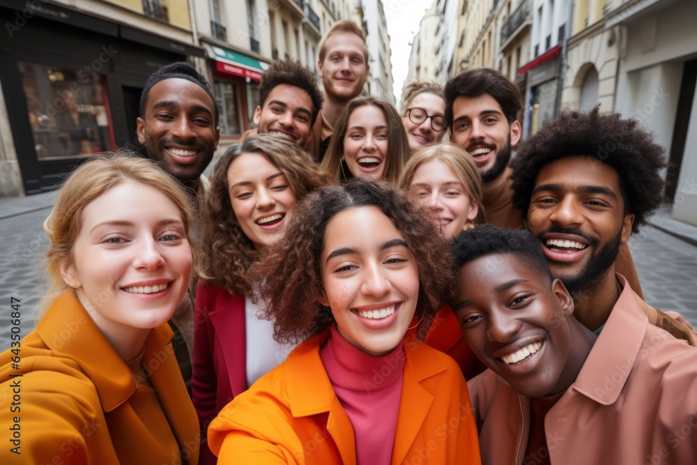 Friends taking selfie in the city. lifestyle. generative ai. Concept of friends of different nationalities. Friends taking selfie in the city. lifestyle. generative ai. Concept of friends of different nationalities.