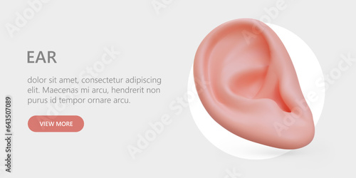 Realistic human ear. Help of otolaryngologist. Hearing test, audiometry. Clinic services. Advertising banner with link button. Concept with place for text