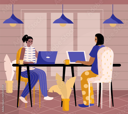 Smiling women sitting at table, working on laptop in office. Concept of coworking space for different workers. Flat vector illustration in yellow and purple colors