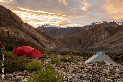 Camping below the Nialo Kontse La Pass on a trek to Zanskar, Ladakh, India 