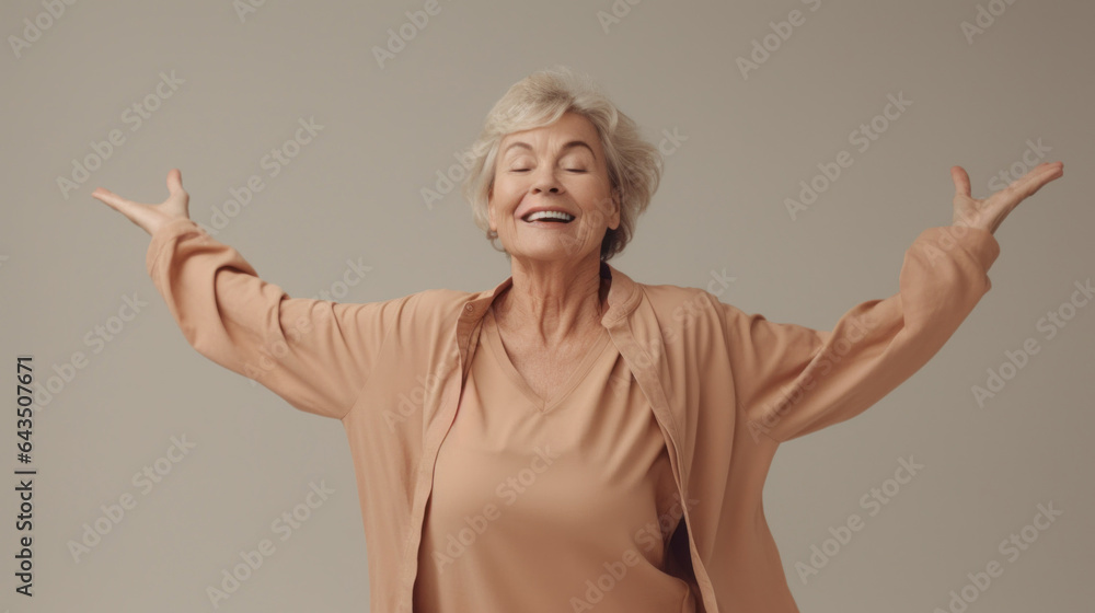 Grey-haired senior woman in neutral attire enjoys dancing. Generative AI Grey-haired senior woman in neutral attire enjoys dancing. Generative AI