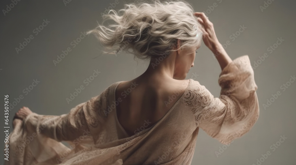 Rear view of a beautiful senior woman with grey hair wearing a dress dances in a grey studio. Generative AI