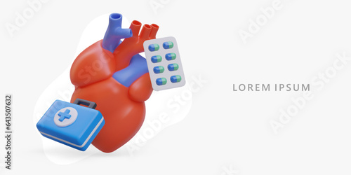 Heart treatment. Examination, testing, diagnosis. Realistic human heart, pills, first aid kit. Cardioprotective effect. Prevention of heart attack, stroke. Color poster with place for text photo