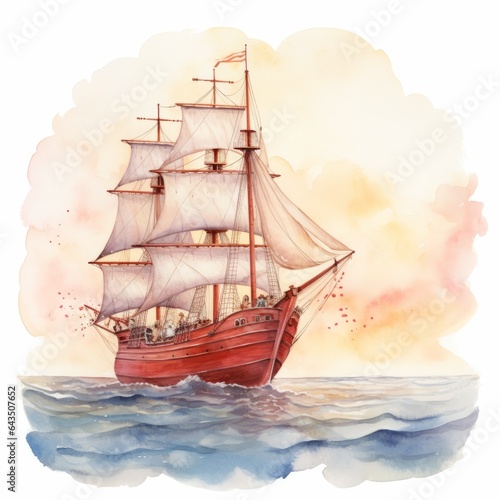 Watercolor illustration fairy tale ship with white sails at sea on sunset sky on white background.