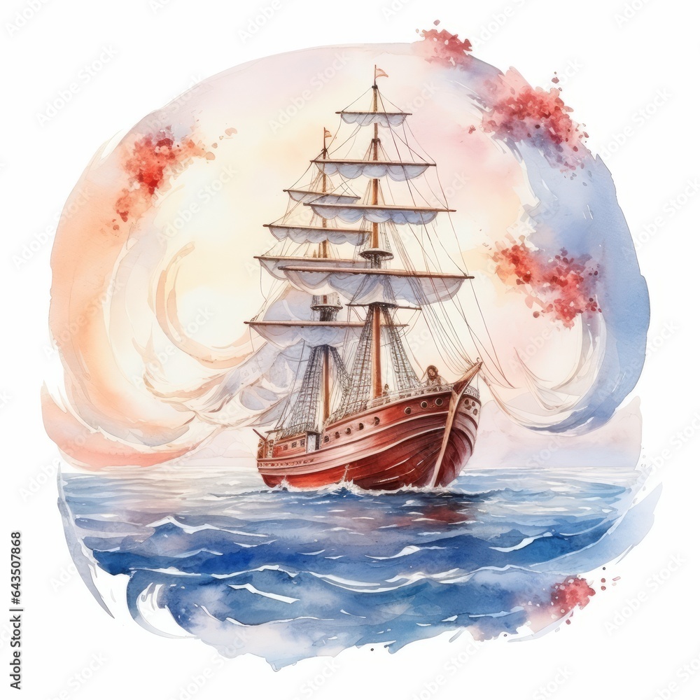Watercolor illustration fairy tale wedding ship with flowers at sea with red sails on white background.