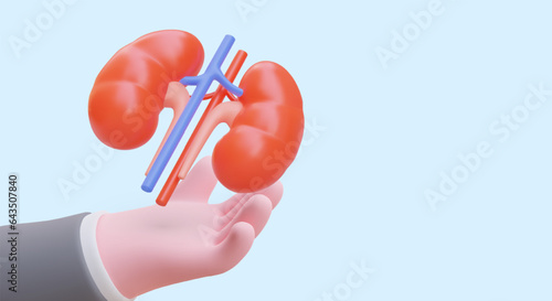 3D hand holding kidneys. Clinic services, examination, treatment. Poster for urologist, nephrologist. Human internal organs. Transplantation, surgery. Organ donation. World Kidney Day