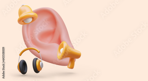 3D ear, headphones, bell, loudspeaker. Examination of hearing organs, audiometry. Caring for ears. Poster in cartoon style. Services of audiologist. Advertisement of clinic