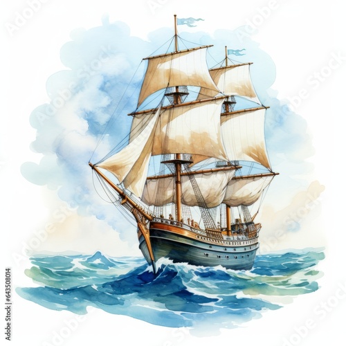 Watercolor illustration fairy tale ship at sea with white sails on white background. © Анастасия Комарова