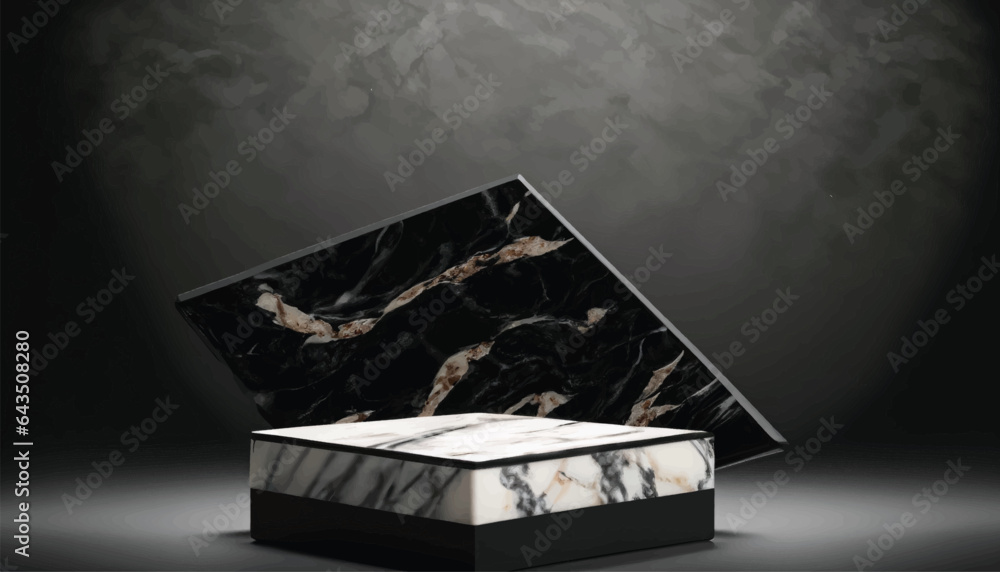 Fototapeta premium Black pedestal with marble pattern on dark black background. Empty square base in luxury design for product display, advertising, sale, and show vector