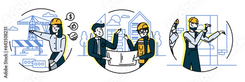Set of different workers building house. Yong female standing near jenny and checking process. Males holding construction plan and discuss. Builder build house. Flat vector illustration