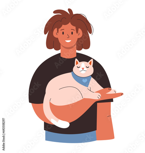 A cute cat sleeps in the arms of the owner. The guy with the cat. Pet owner. Cartoon flat vector.
