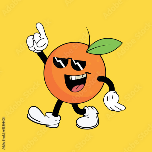 orange fruit mascot doing disco moves, in suglasses, flat cartoon character