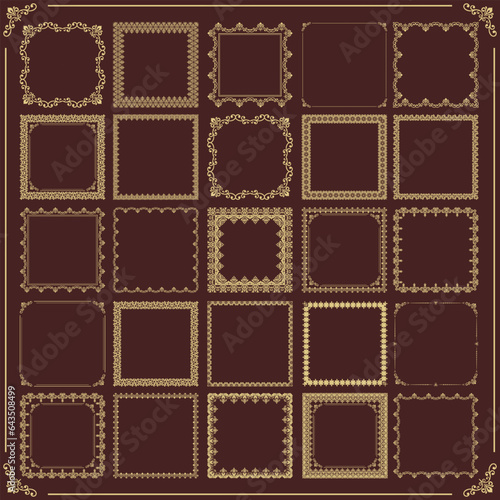 Vintage set of vector patterns. Brown and golden square elements for decoration and design frames, cards, menus, backgrounds and monograms. Classic patterns.