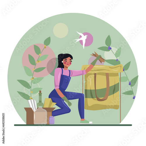 Female in uniform collect waste outside. Lady caring of nature, cleaning territory. Young lady engaged in waste sorting. Flat vector illustration in green colors