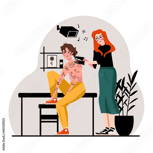 Female master draw on body of client with machine in salon. Young male getting tattoo on back. Concept of tattoo lovers. Flat vector illustration in cartoon style