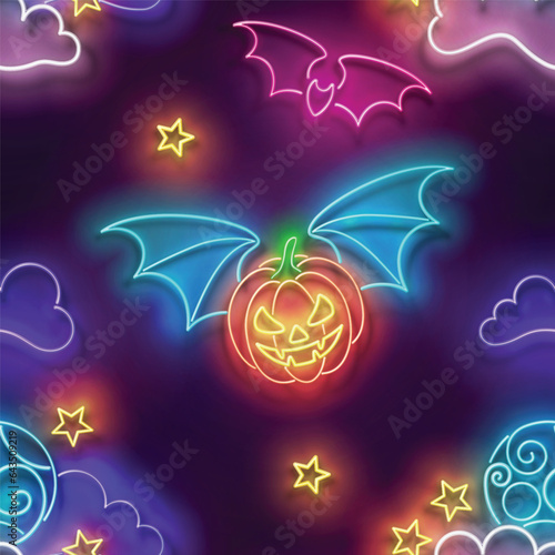 Seamless pattern with glow Flying Vampire Pumpkin on Coundly Night Sky. Halloween Mood. Neon Light Texture, Signboard. Glossy Background. Vector 3d Illustration photo