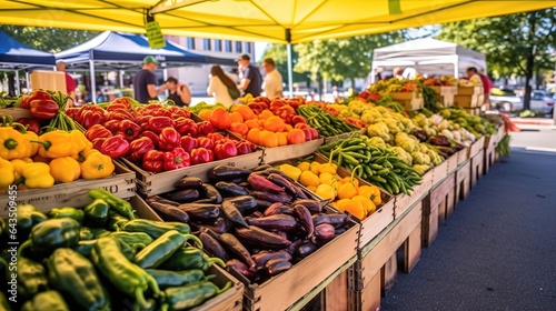 Vibrant Farmers Market. Fresh background, organic produce at a Farmers market. Assorted fruits and vegetables. © Svfotoroom
