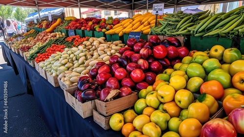 Vibrant Farmers Market. Fresh background, organic produce at a Farmers market. Assorted fruits and vegetables.