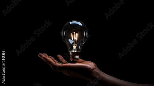 Hand holding light bulb on dark background, light bulb in hand, Concept and new idea background.