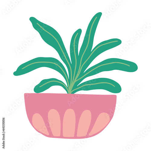 Tropical indoor plant in a pot. Scandinavian cozy home decor. Flat vector cartoon illustration on white background.