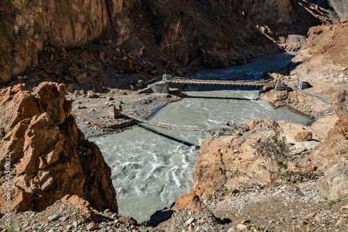 Traditional bridge across the Tsarab Chu River, Phugtal, (Phuktal) Zanskar, Ladakh, India
