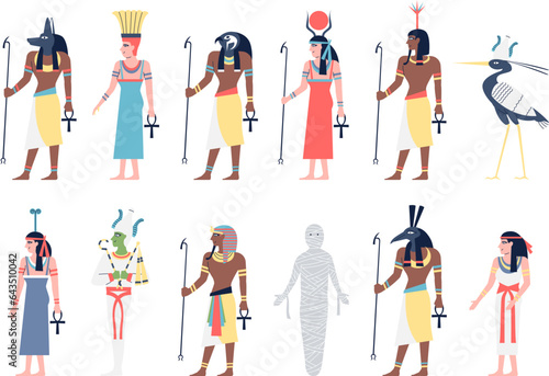 Egypt characters. Egyptian goddess and god, ancients kings. Historic flat character, gods ra and osiris. Pharaoh, museum figures recent vector set