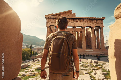 Adventurous Tourist Man with Backpack Explores Ancient Greek Landmarks, Including the Parthenon in Athens. created with Generative AI