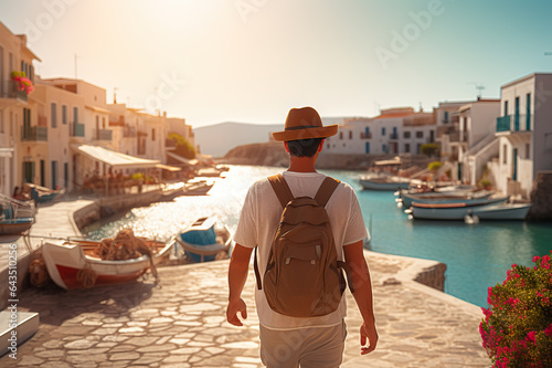 Tourist Man with Backpack Explores Mykonos on a Relaxing Vacation Getaway. created with Generative AI © photobuay