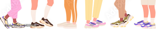 Female legs in comfortable sneakers. Shoes model for sport and recreation. Trend fashion accessories, footwear on feet racy vector elements